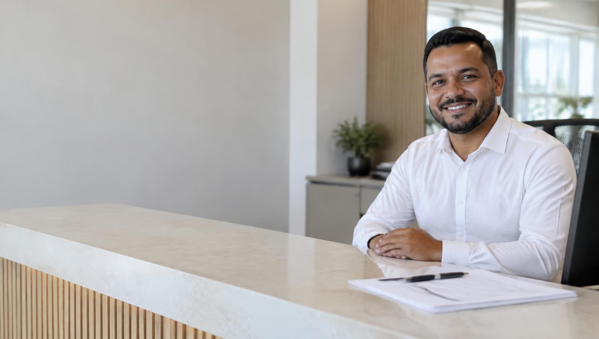 Atendente de cartório brasileiro sorrindo atrás de um balcão de atendimento organizado