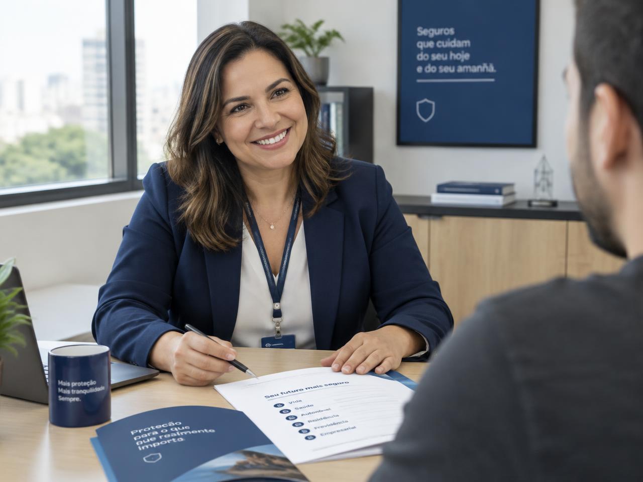 Consultora da Seguros Lugano atendendo um cliente em escritório moderno